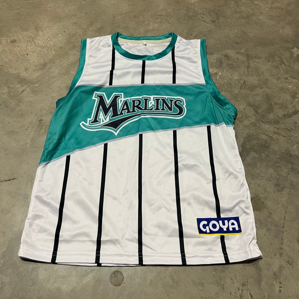 Miami Marlins Youth XL Sleeveless Jersey Tank Top Teal White Pinstripe 93 Goya